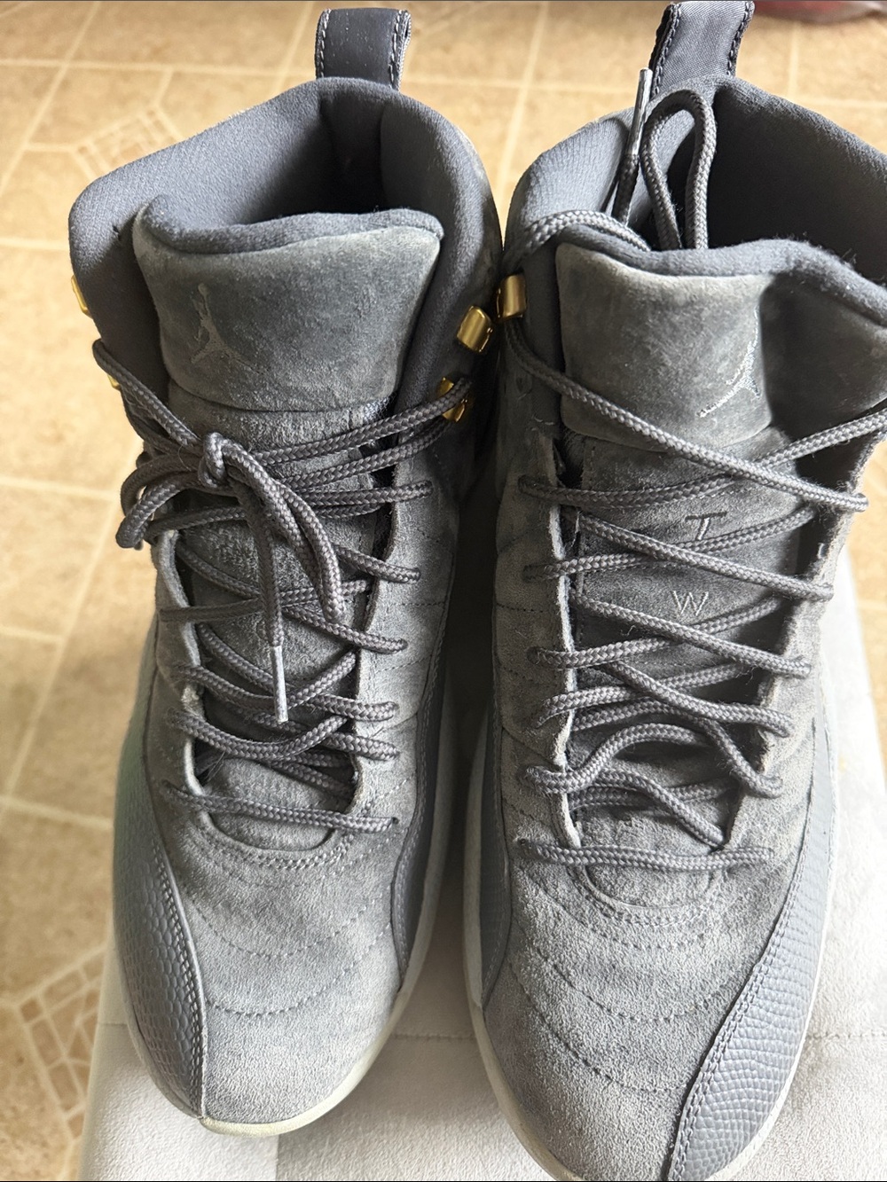 Jordan Men’s Grey Suede High-Top Athletic Sneakers with Gold Accents